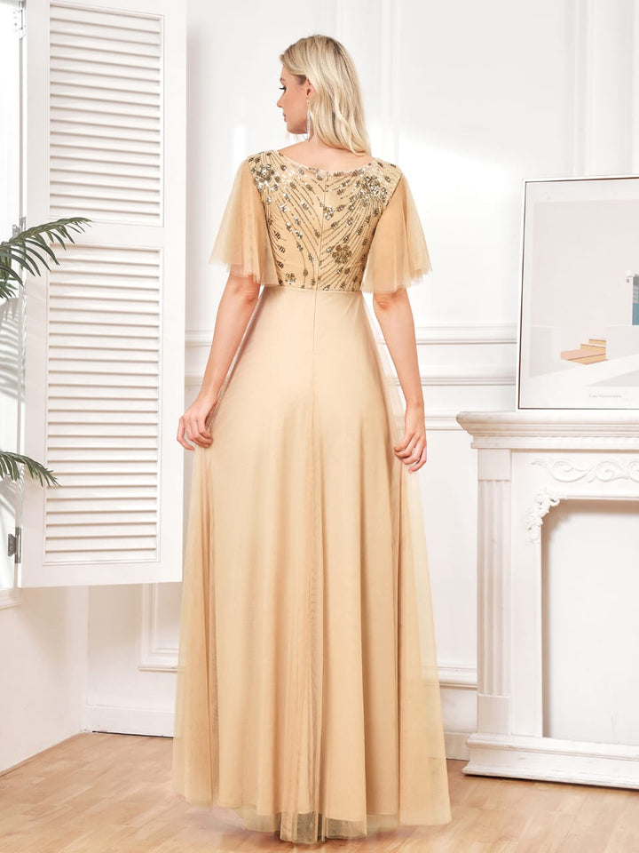 embroidered tulle gown with flutter sleeves – VELINE