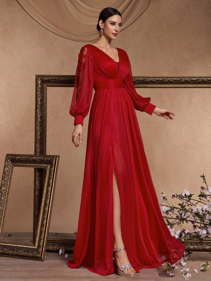 Plissiertes Oberteil mit ausgestellten Ärmeln und Maxirock-Set mit Taillengürtel – Rosiny 