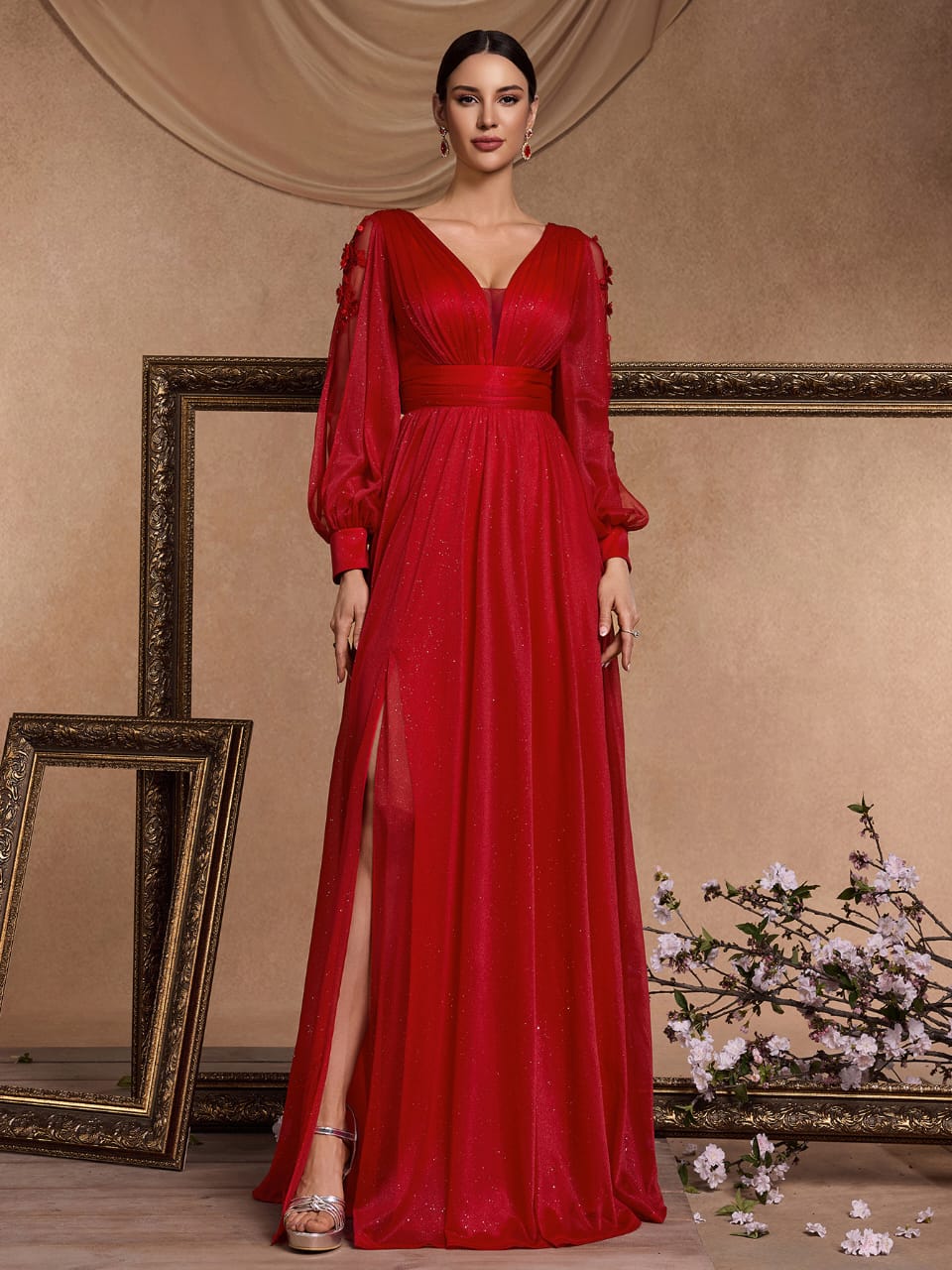 Plissiertes Oberteil mit ausgestellten Ärmeln und Maxirock-Set mit Taillengürtel – Rosiny 