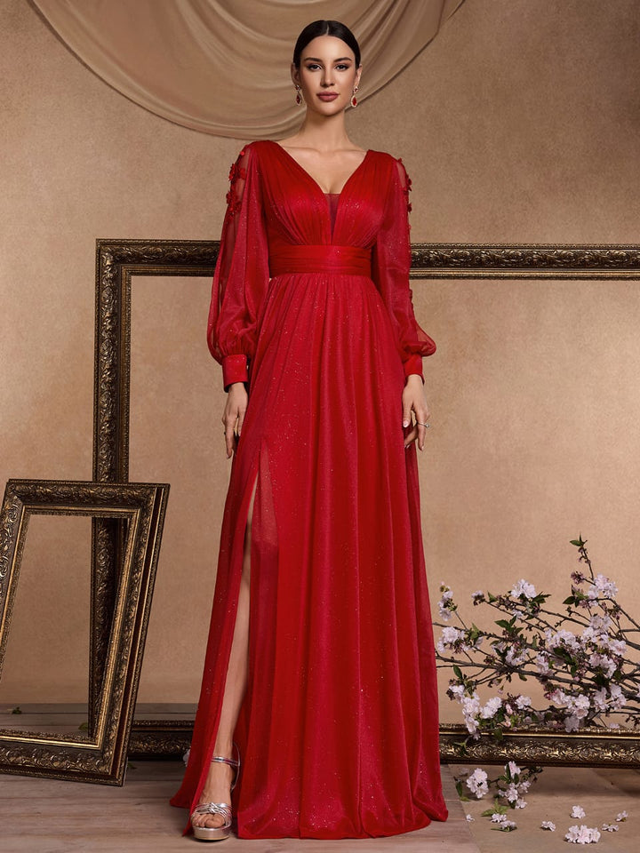 Plissiertes Oberteil mit ausgestellten Ärmeln und Maxirock-Set mit Taillengürtel – Rosiny 