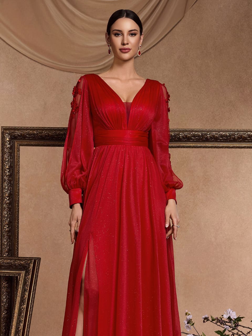 Plissiertes Oberteil mit ausgestellten Ärmeln und Maxirock-Set mit Taillengürtel – Rosiny 