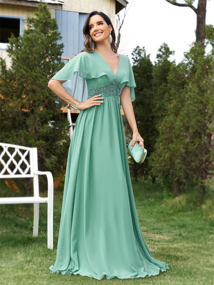 chiffon gown with flutter sleeves and lace waist – ELOISERU