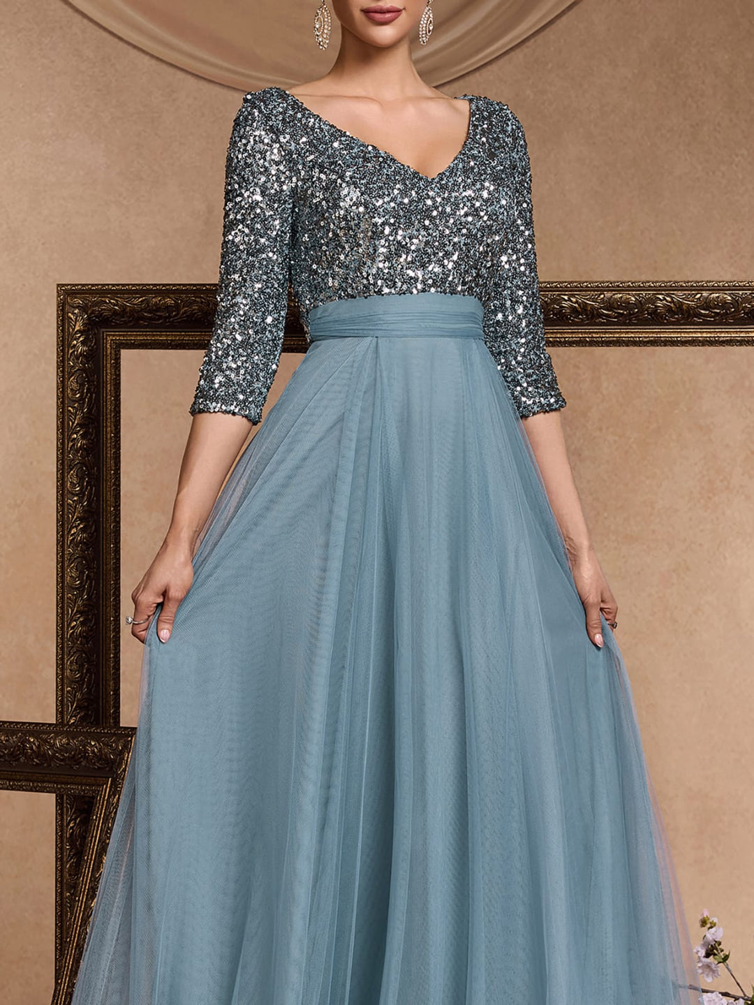 Plissiertes Oberteil mit ausgestellten Ärmeln und Maxirock-Set mit Taillengürtel – Rosiny 