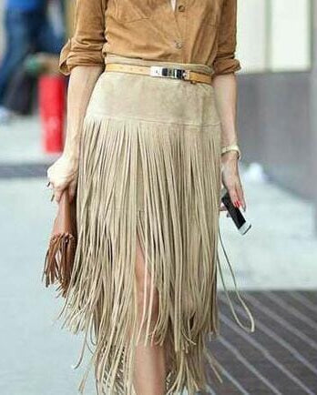 suede midi skirt with layered fringe – PAVALA
