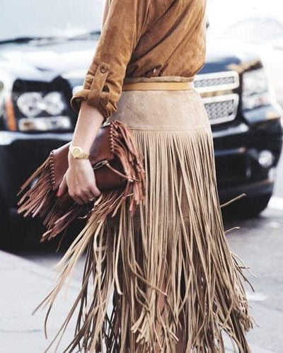 suede midi skirt with layered fringe – PAVALA