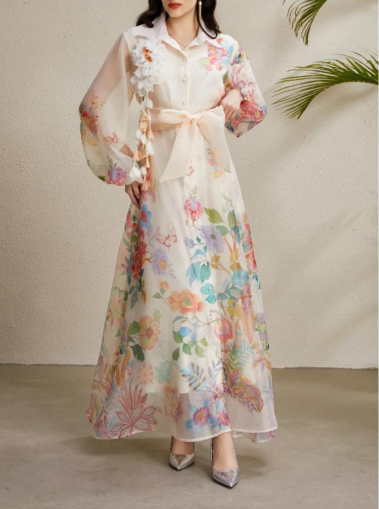 فستان ماكسي من الأورجانزا بنقوش زهور وتطريز ثلاثي الأبعاد - فيورا