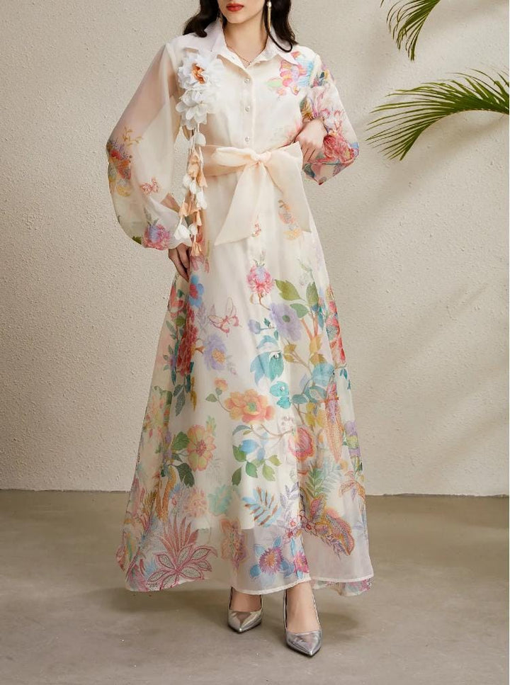 فستان ماكسي من الأورجانزا بنقوش زهور وتطريز ثلاثي الأبعاد - فيورا