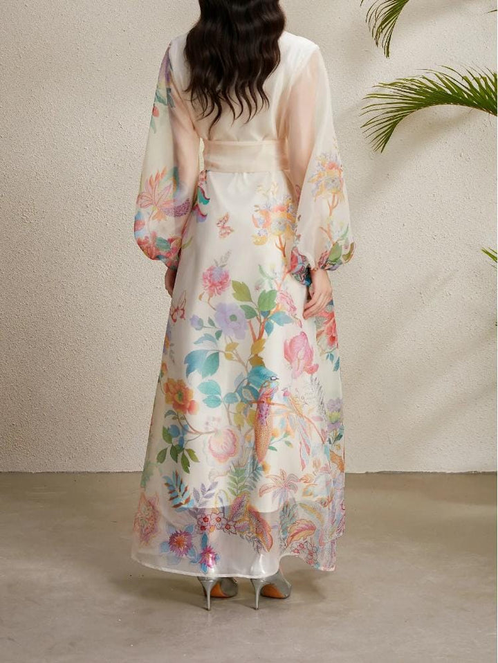 فستان ماكسي من الأورجانزا بنقوش زهور وتطريز ثلاثي الأبعاد - فيورا