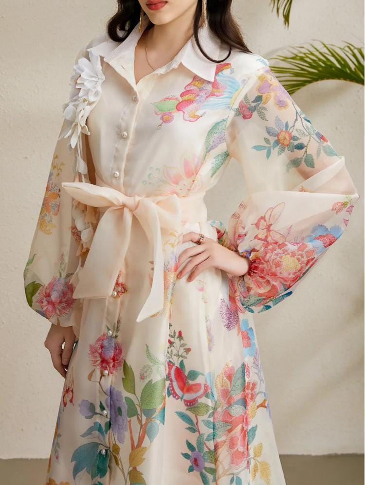 فستان ماكسي من الأورجانزا بنقوش زهور وتطريز ثلاثي الأبعاد - فيورا