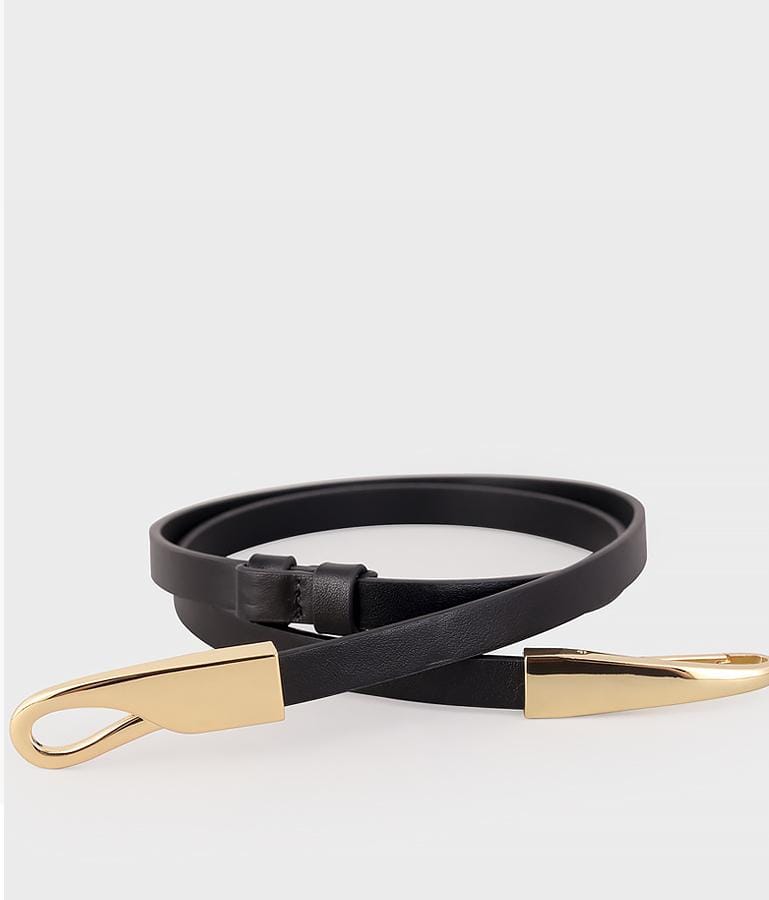 حزام جلدي رفيع بإبزيم ذهبي منحوت - أديل