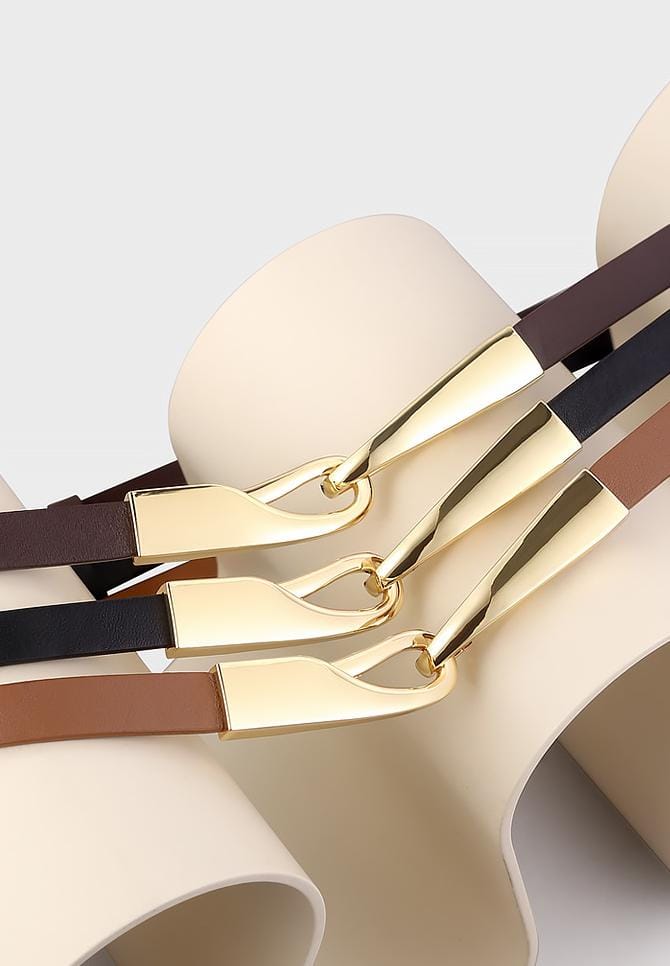 حزام جلدي رفيع بإبزيم ذهبي منحوت - أديل