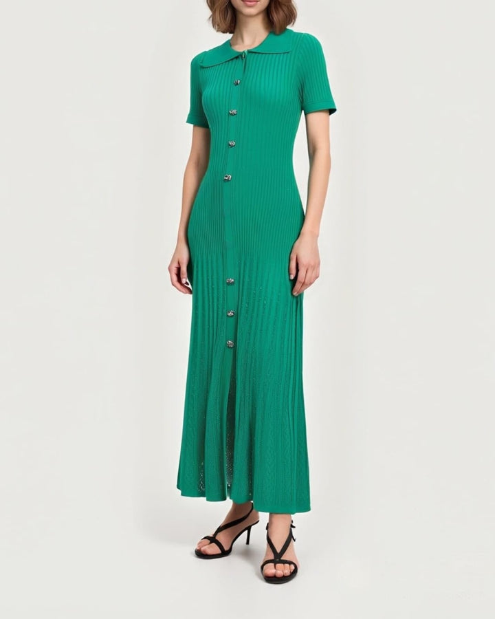 فستان ماكسي محبوك مضلع مع تفاصيل أزرار ذهبية - كيلينيت