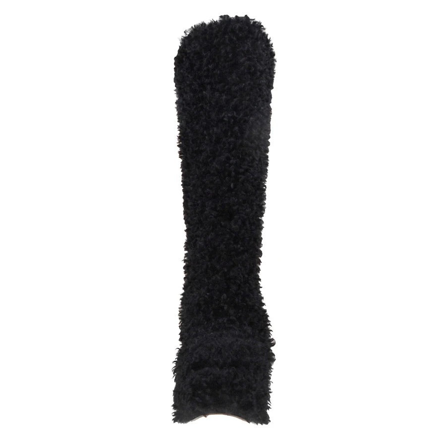 أحذية طويلة تصل إلى الركبة بكعب عالي وفرو صناعي مجعد - برينكلي