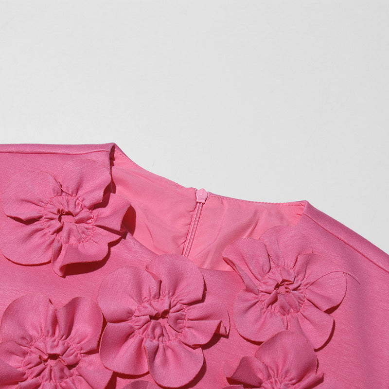 فستان قصير بأكمام قصيرة مزين بتطريزات زهور ثلاثية الأبعاد - بلوسوم