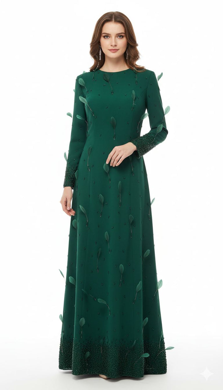 فستان بأكمام طويلة مزين بزخارف أوراق ثلاثية الأبعاد – إميرالديا