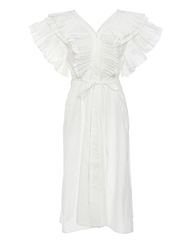 pleated ruffle sleeve chiffon midi dress – ELYSIA