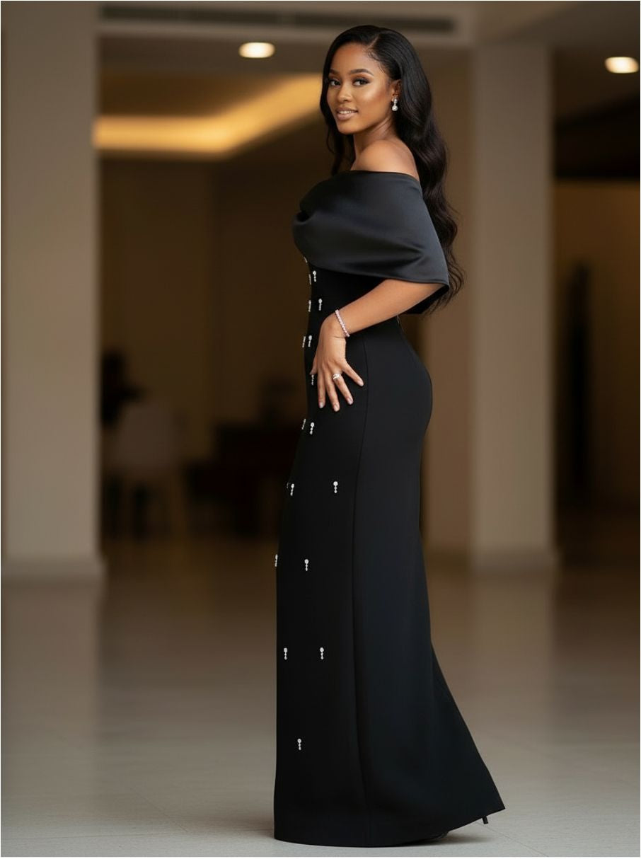 off-shoulder column gown with draped bow neckline – AURORA
