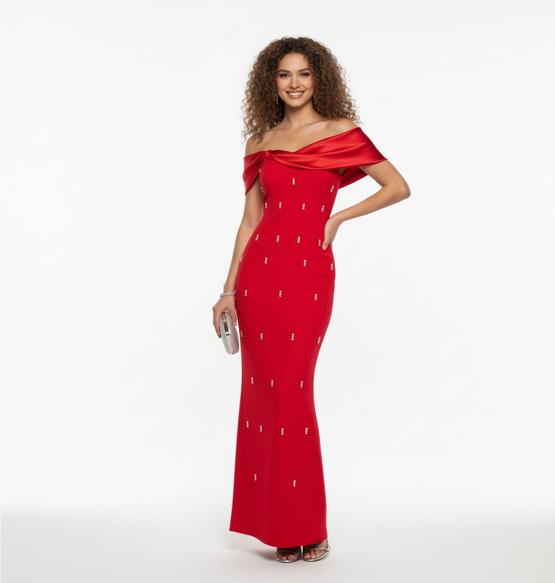 off-shoulder column gown with draped bow neckline – AURORA