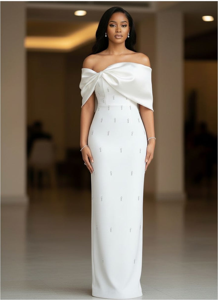 off-shoulder column gown with draped bow neckline – AURORA