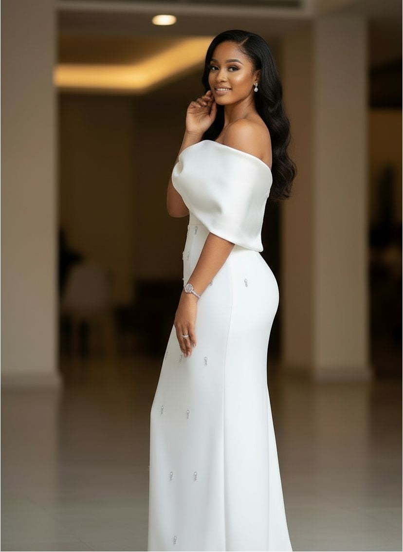 off-shoulder column gown with draped bow neckline – AURORA