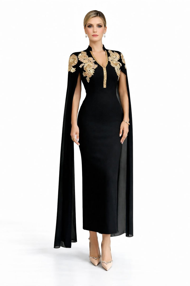embellished V-neck column gown with flowing cape sleeves – IMPERIAL