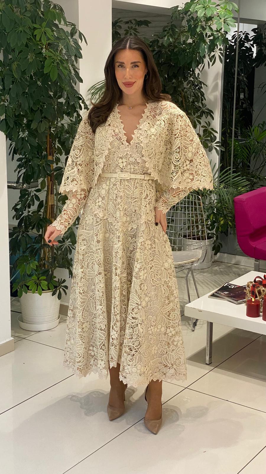 lace midi dress with scalloped cape sleeves – SERENA