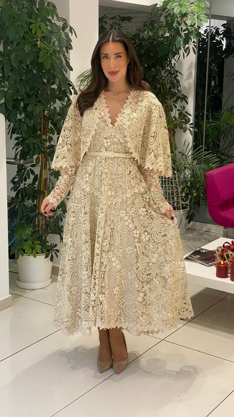 lace midi dress with scalloped cape sleeves – SERENA