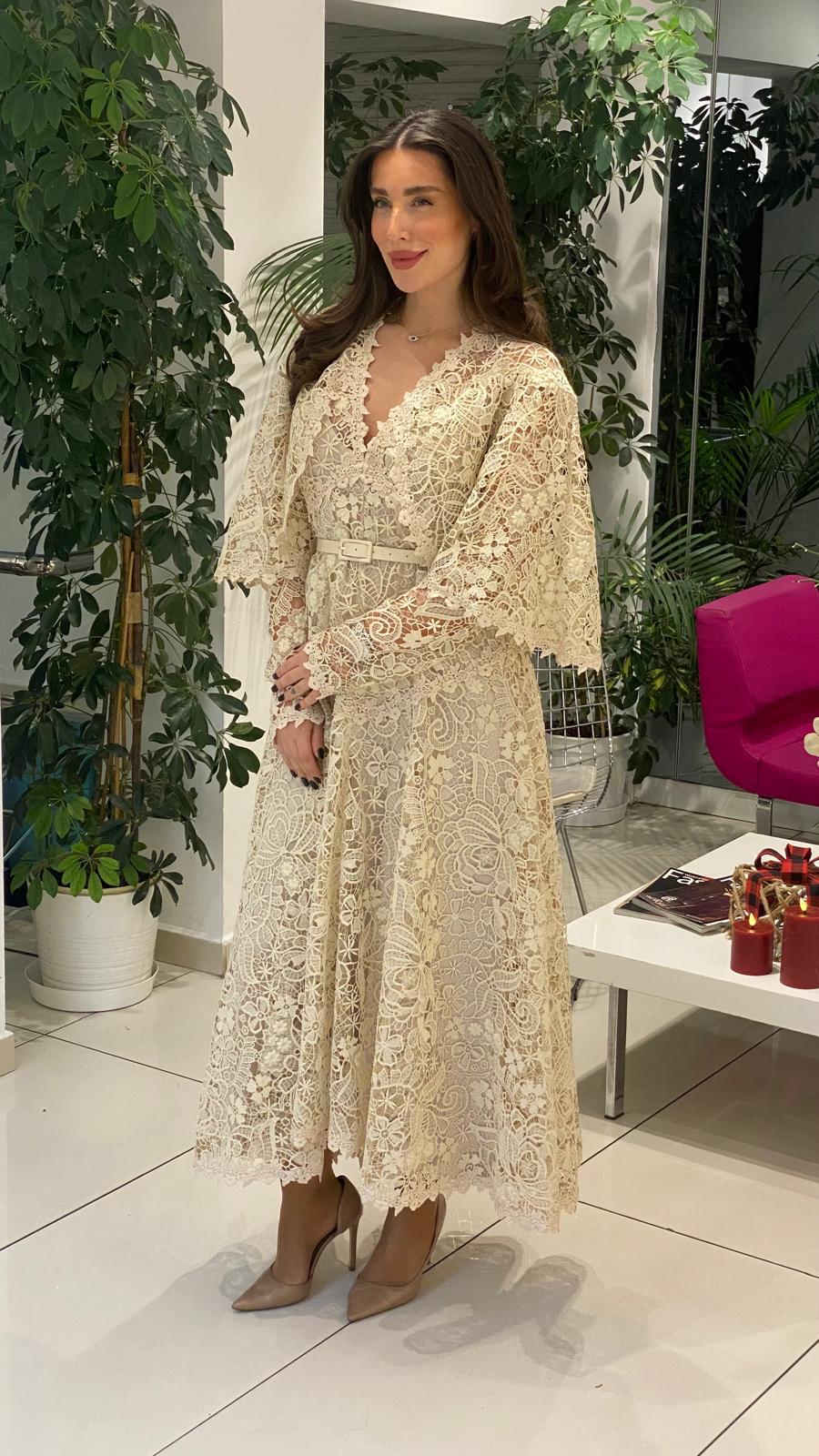 lace midi dress with scalloped cape sleeves – SERENA