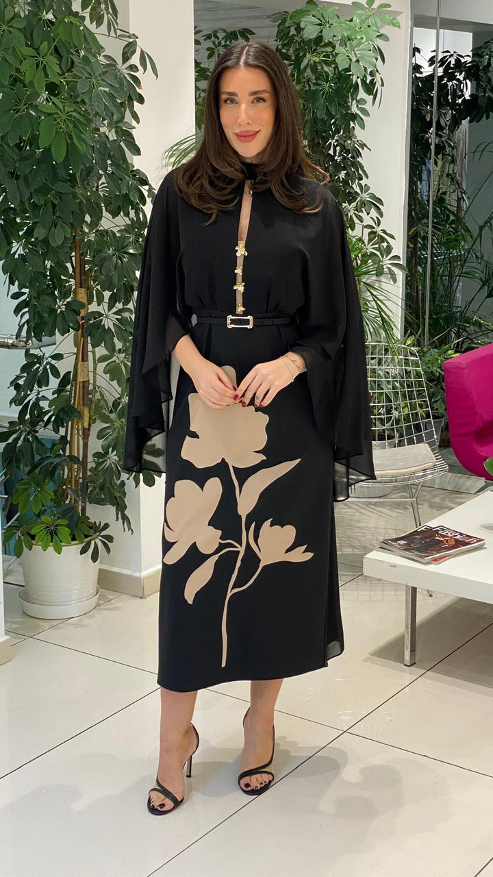 belted midi dress with sheer cape sleeves and floral motif – NOCTURNE