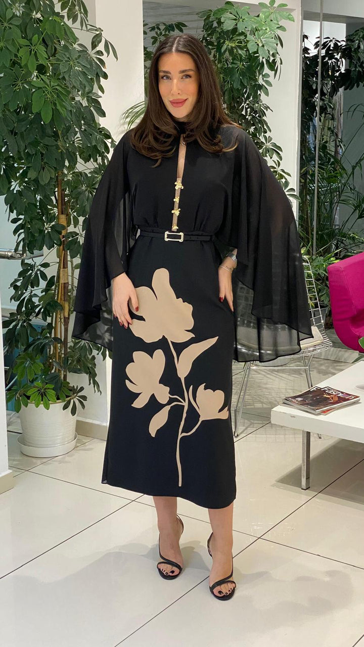 belted midi dress with sheer cape sleeves and floral motif – NOCTURNE