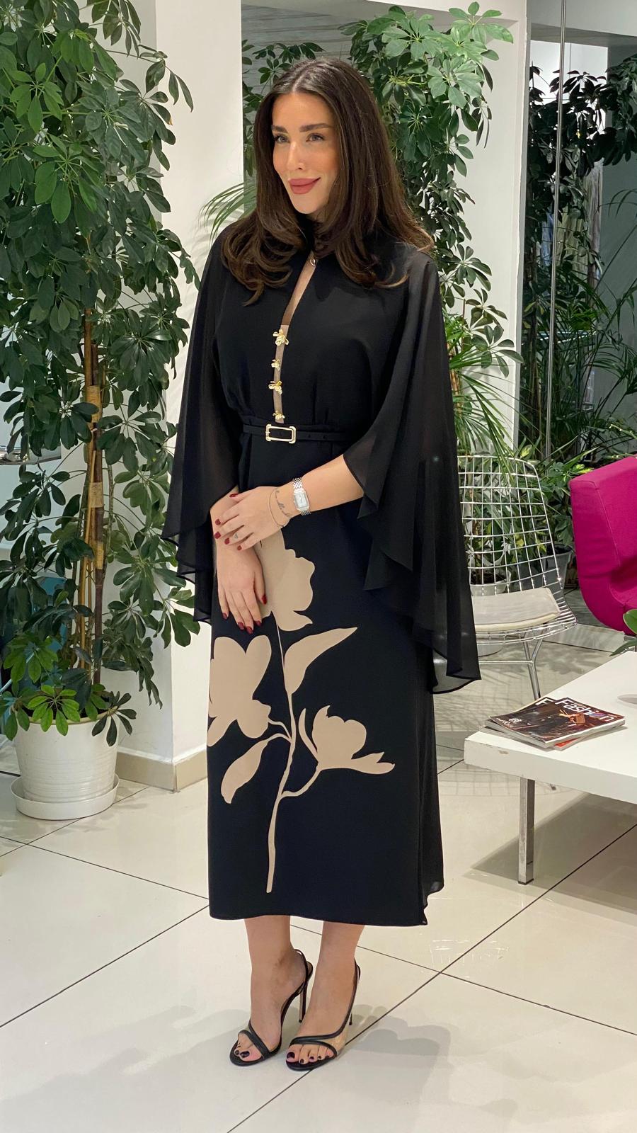 belted midi dress with sheer cape sleeves and floral motif – NOCTURNE