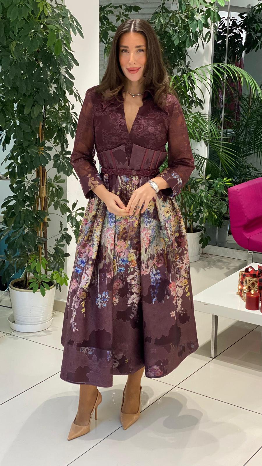 lace bodice midi dress with corset waist and floral skirt – VELARA