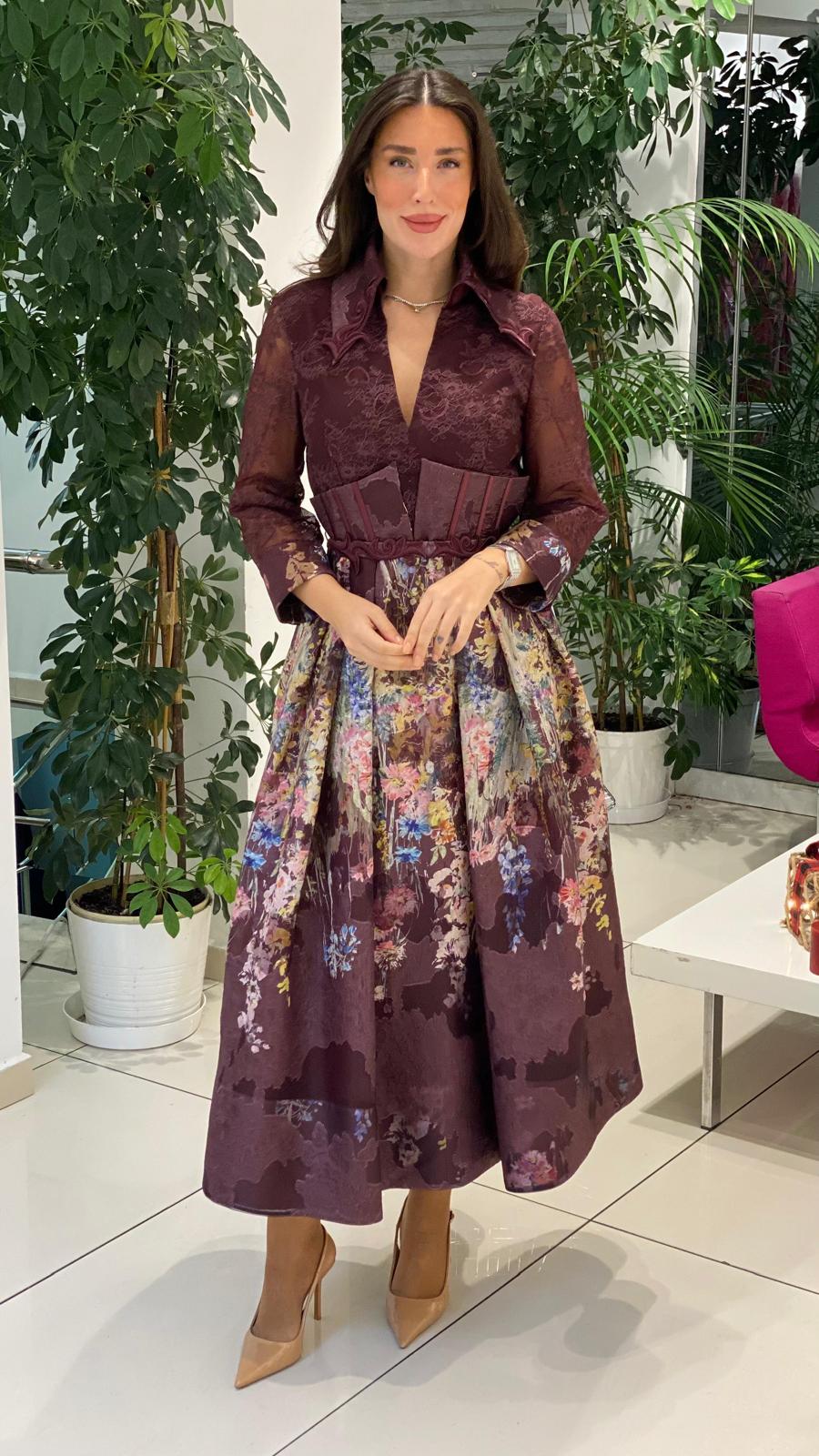 lace bodice midi dress with corset waist and floral skirt – VELARA