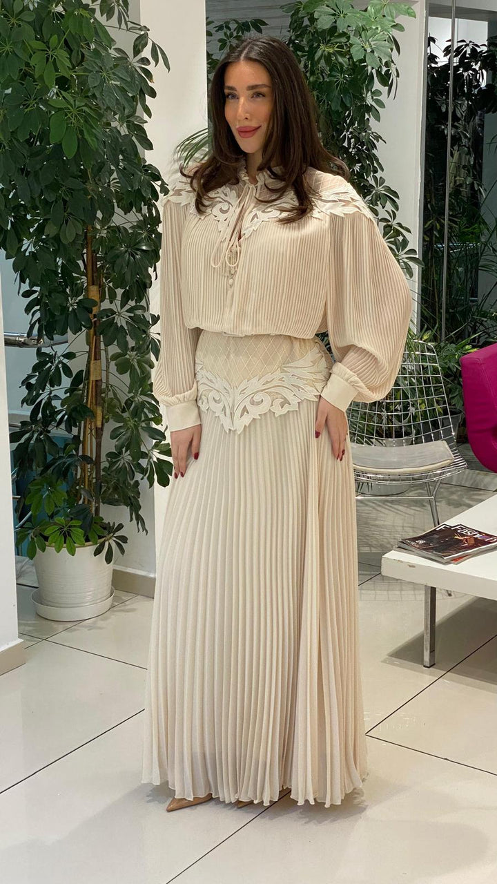 pleated maxi dress with embroidered neckline and waist detail – ELYSEE