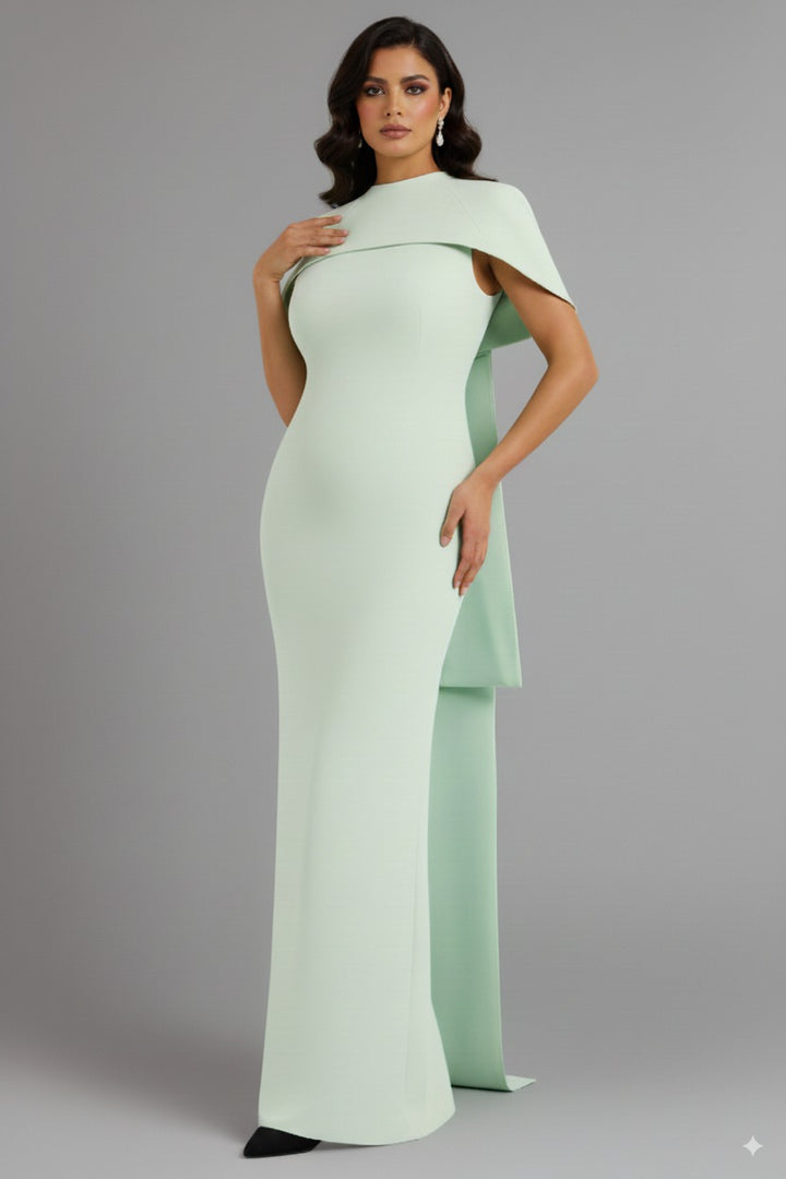high-neck column dress with sculpted shoulder cape – Gofaan-1