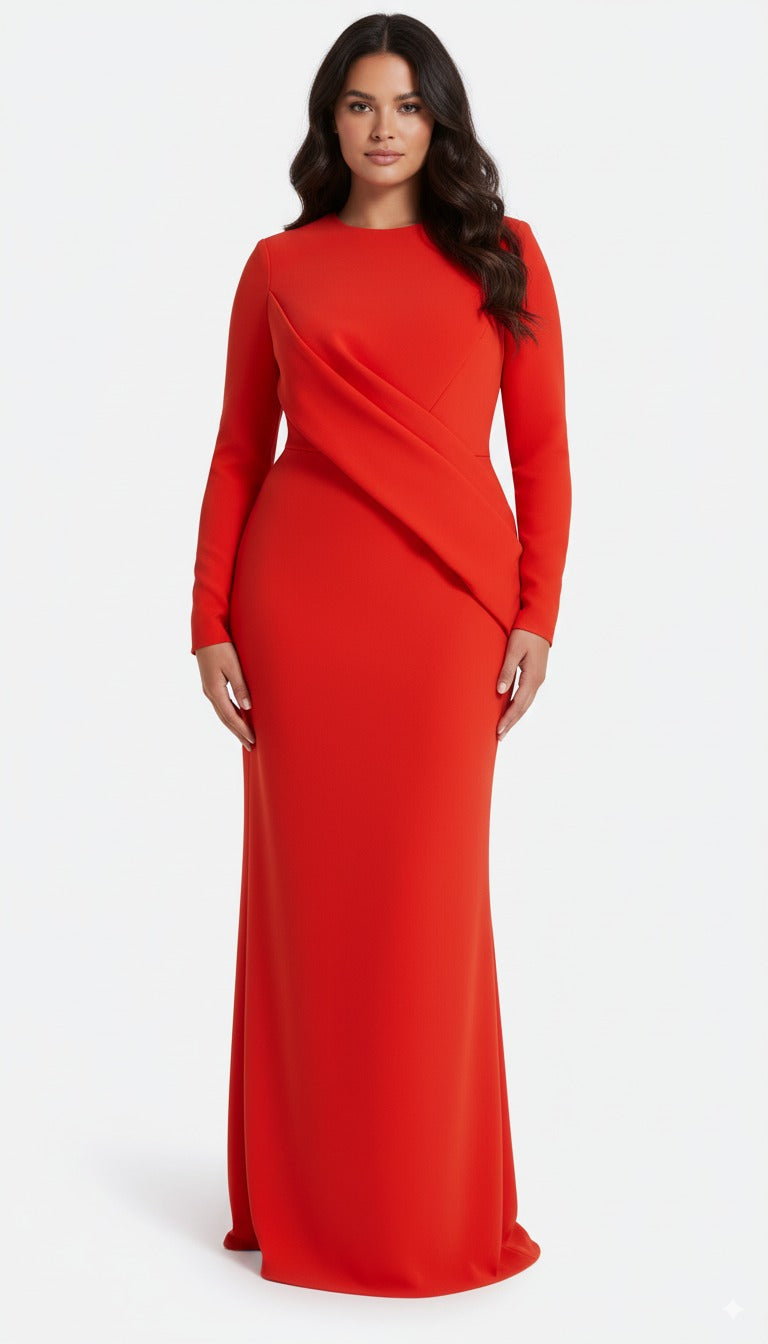long-sleeve column gown with asymmetrical drape – FIERY-1
