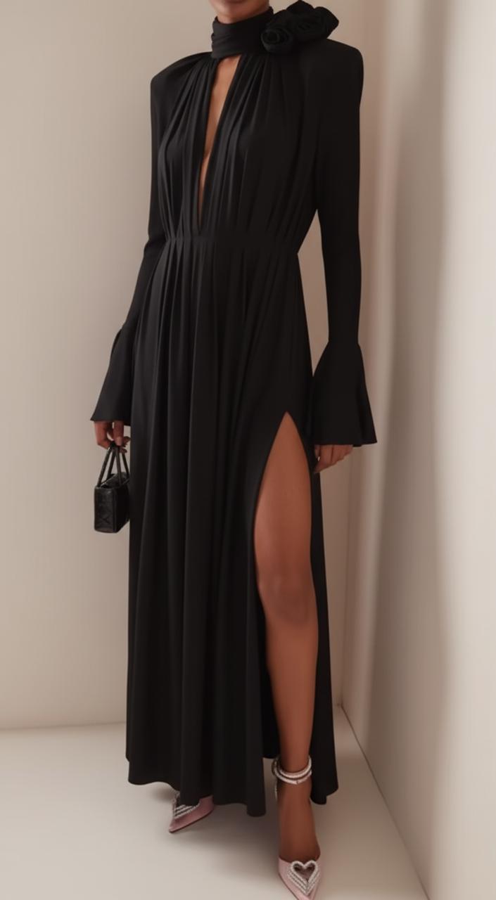 فستان ماكسي بأكمام طويلة مع تفاصيل رقبة زهرية – نويرزلا