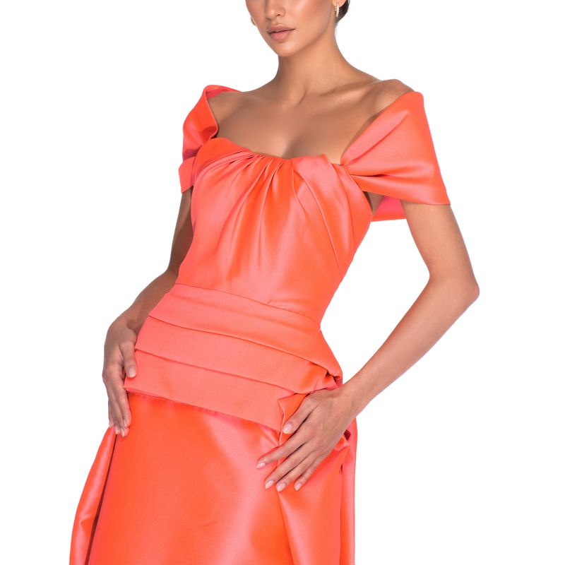 off-shoulder satin gown with draped bodice – CORALINE