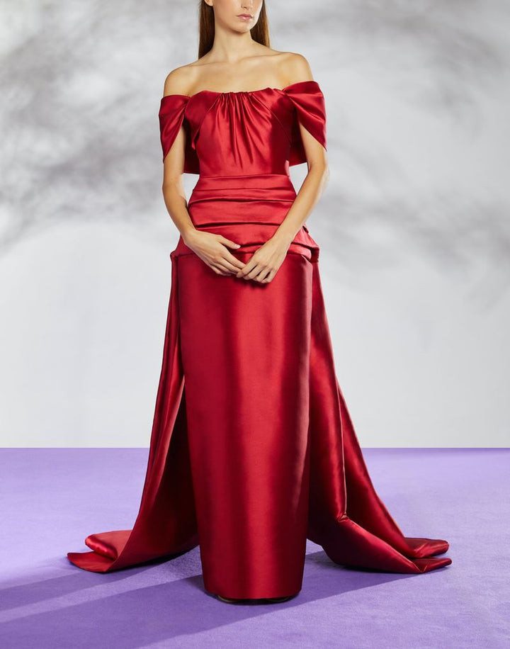 off-shoulder satin gown with draped bodice – CORALINE