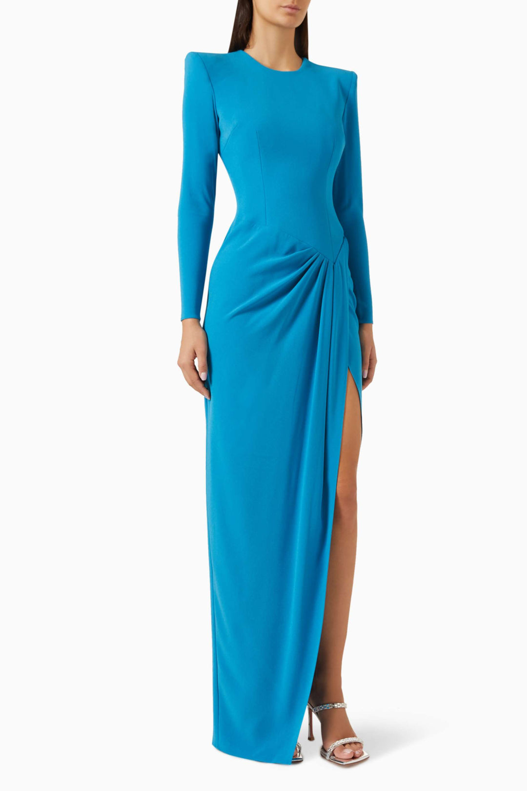 long-sleeve draped slit gown – AZURED