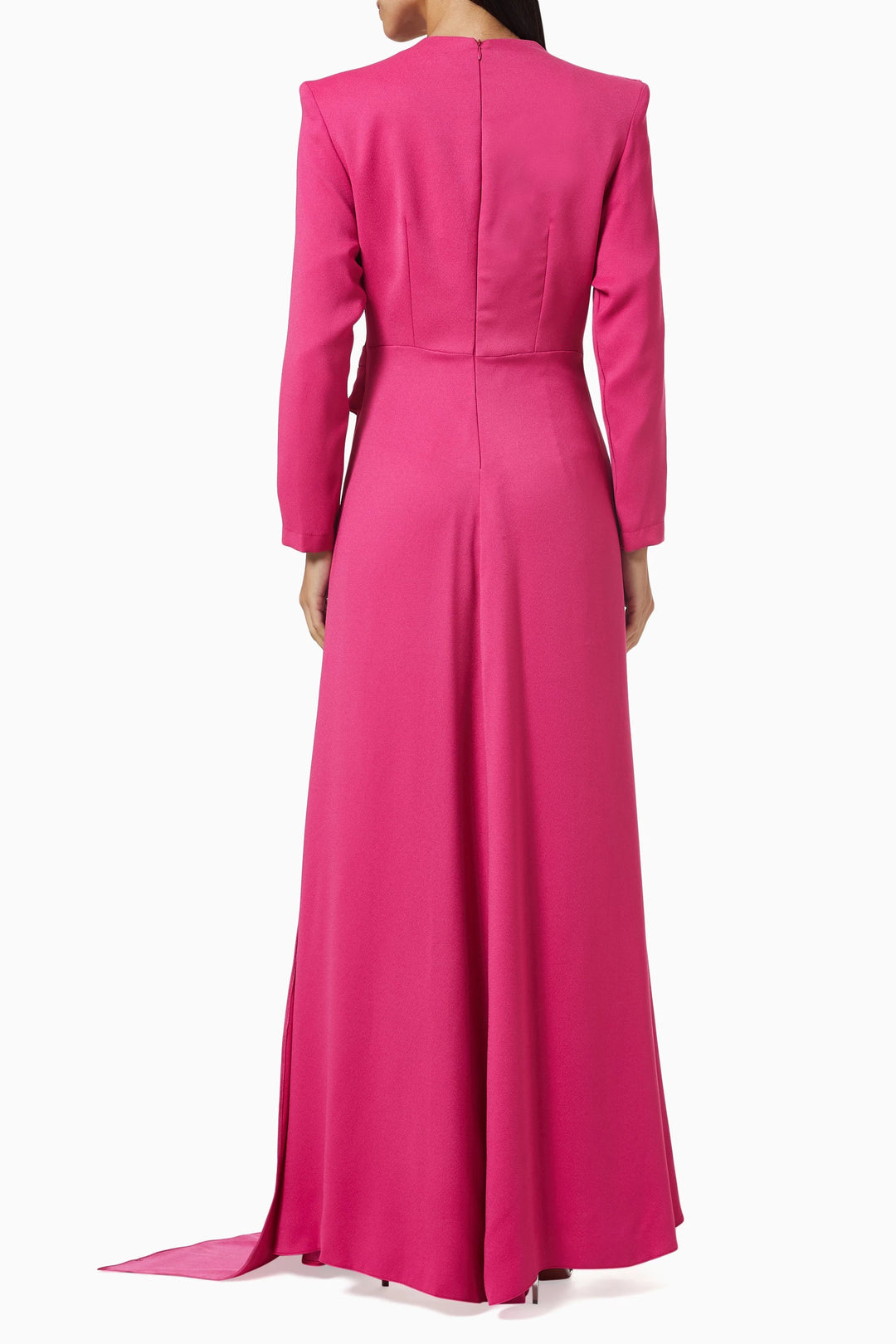 long-sleeve gown with embellished illusion neckline & draped sash – RHEA