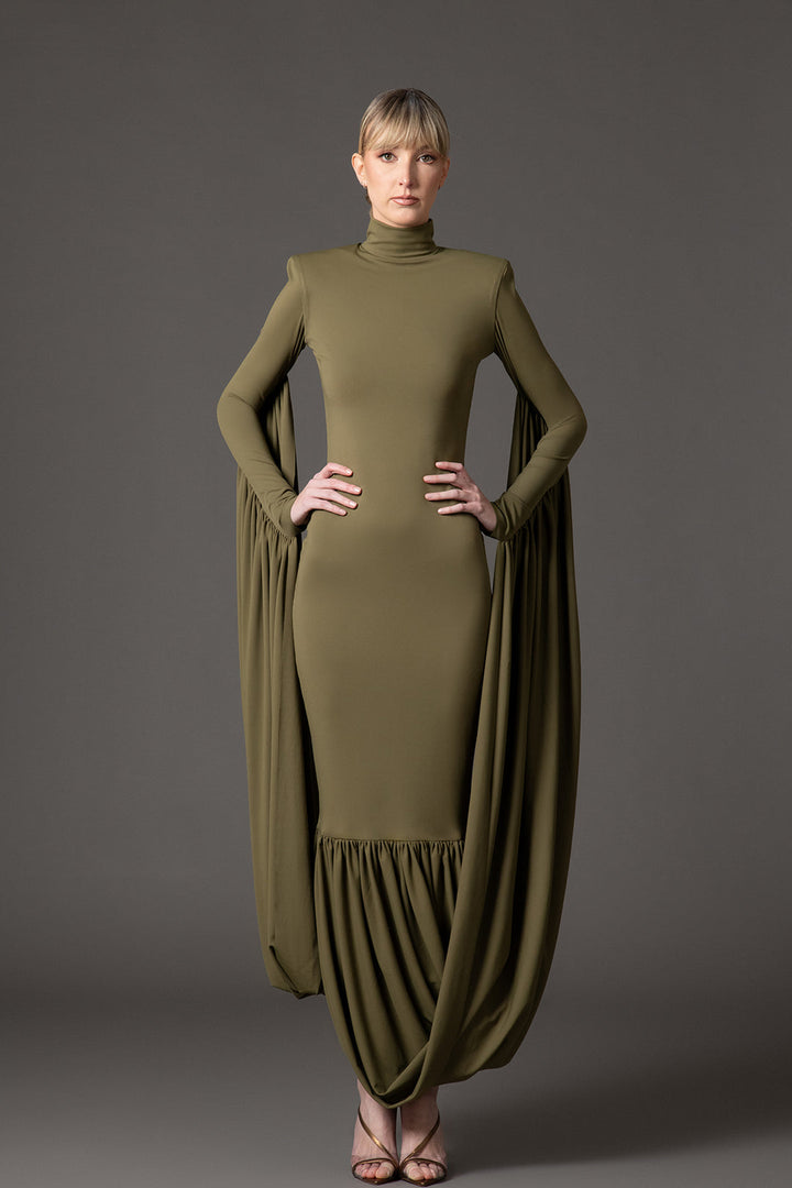 high-neck column gown with dramatic draped sleeves – OLIVIAE