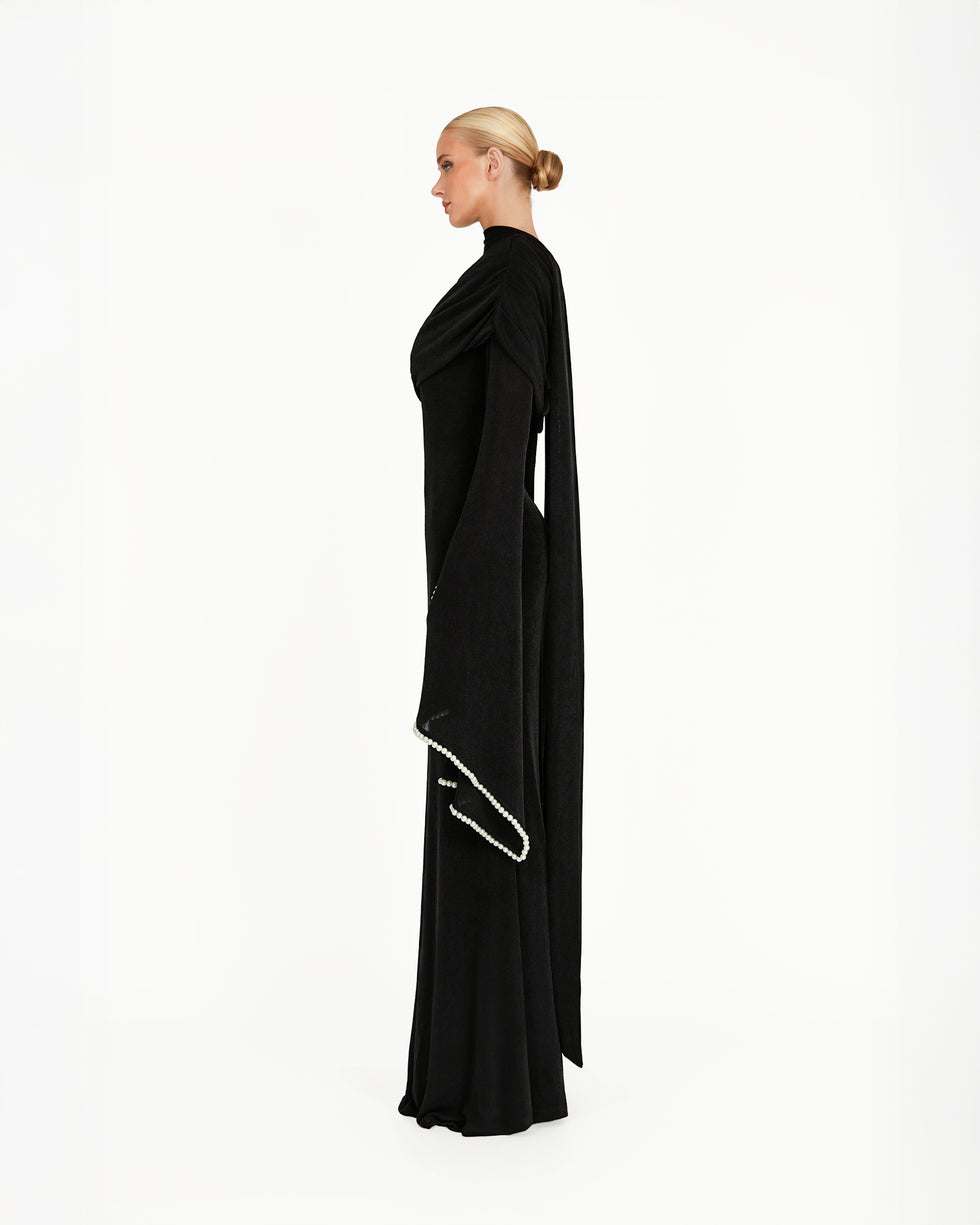 off-shoulder cape-sleeve column gown with pearl trim – NOIRELLE