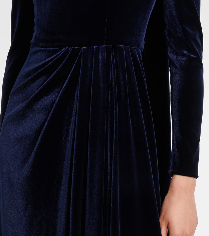 Long-sleeve velvet gown with square neckline and draped waist – NOCTURNE