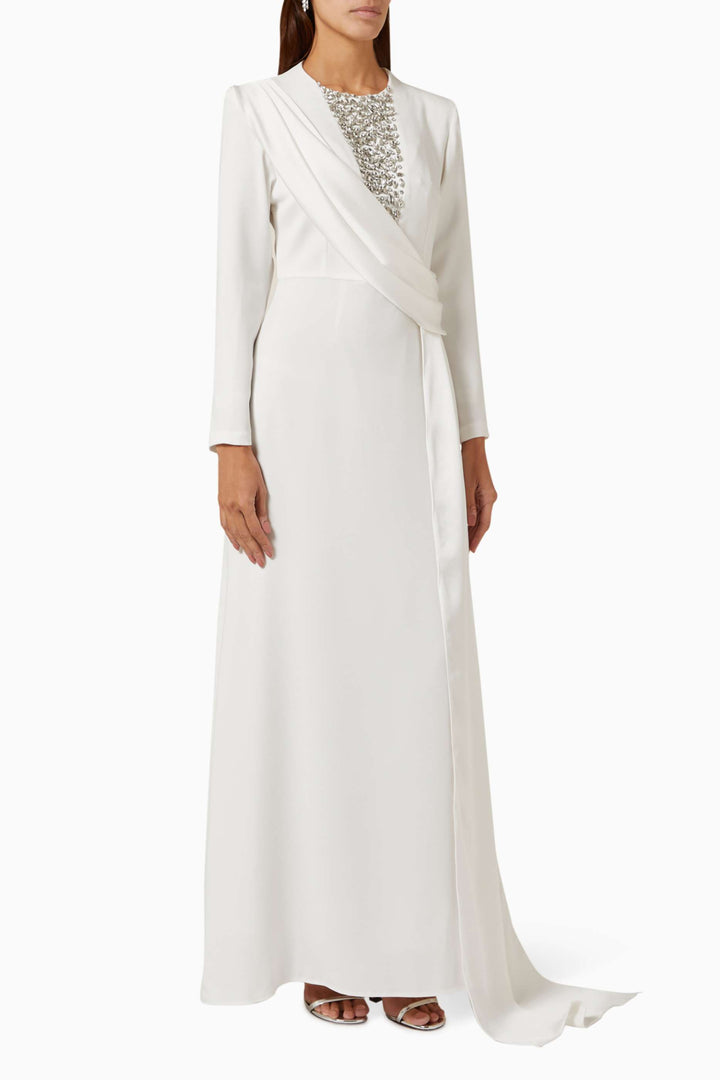 long-sleeve gown with embellished illusion neckline & draped sash – RHEA