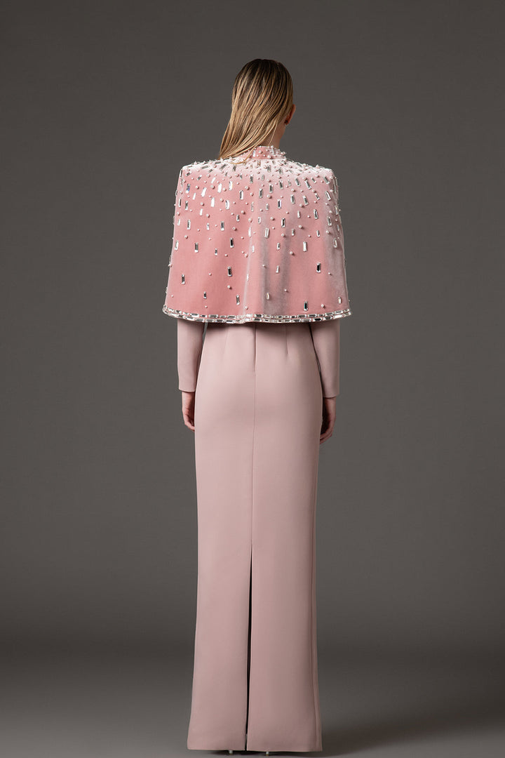 column evening gown with crystal-embellished cape – CELESTIA