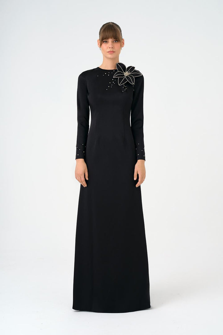 long-sleeve embellished floral evening gown – NOIRELLE