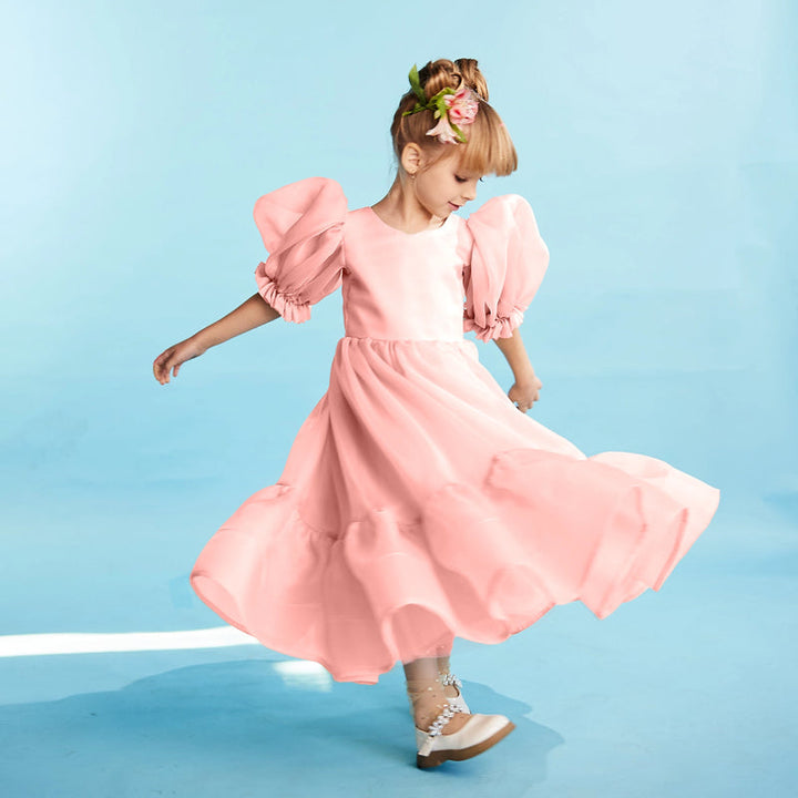 Long Black Tiered Organza Dress with Puff Sleeves – NOIR