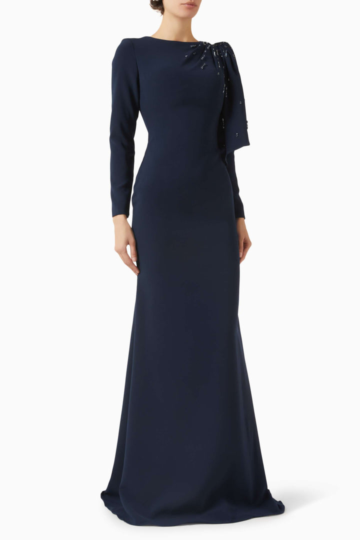 فستان سهرة عمودي مزين بكتفين منسدلتين - روبينا