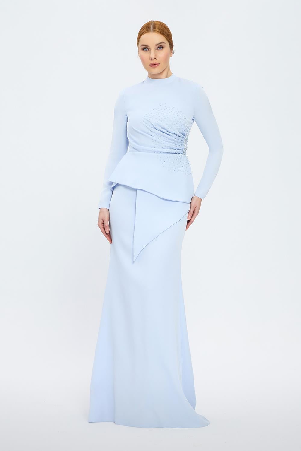 long-sleeve peplum gown with crystal draping – SERENE
